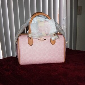 Coach Rowan Satchel Bag In Signature Canvas gold/powder pink Medium Size